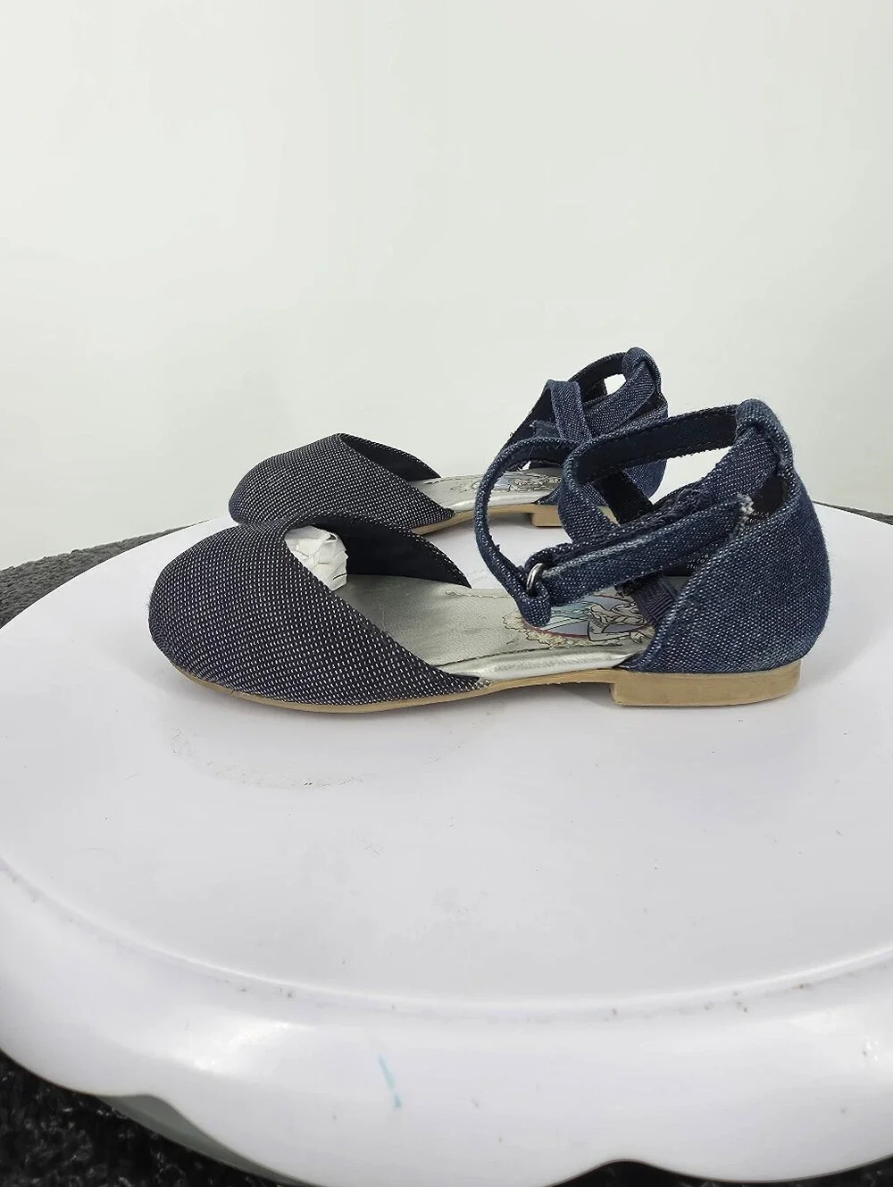 Disney Frozen Elsa Shoes Girls 6 Blue Denim Silver Sparkle Ankle Strap Flats